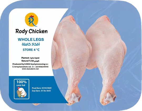 Packaged Rody raw chicken wings in a blue tray with a label on the left side displaying brand information and weight.